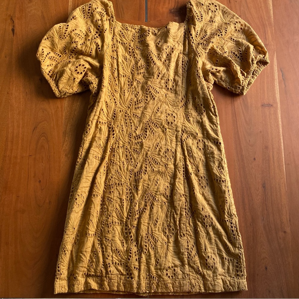 Free People Mini Dress Womens Brown Eyelet Cotton Puff Sleeve Boho 70s Size 6 - Picture 8 of 8